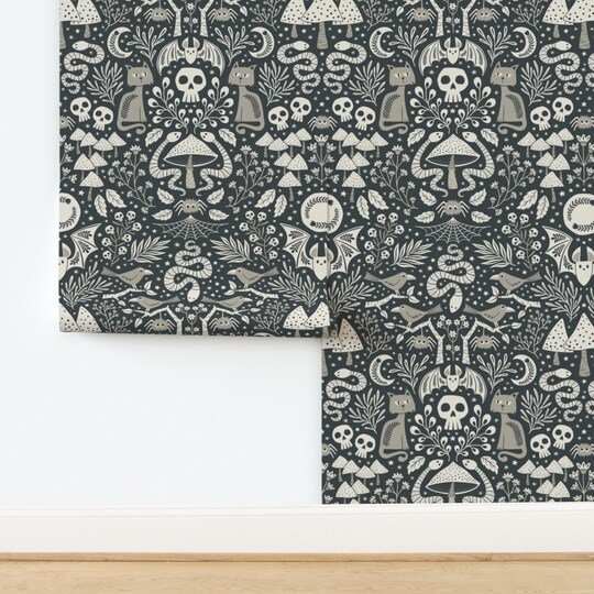 Whimsigoth Woodland Folk Art Gothic Halloween Steampunk Witchy Dark Academia Whimsical Spooky Snakes Bats Moon Skull Night Haunted Spider Custom Removable Wallpaper by Spoonflower Peel & Stick Wallpaper 2FT Wide